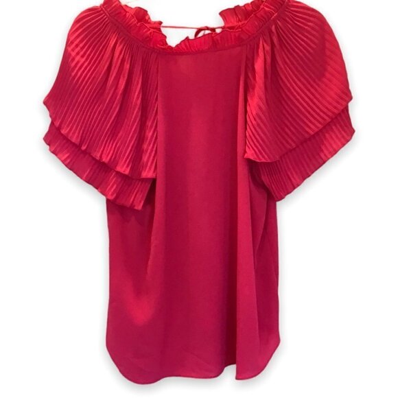 Violet & Claire Blouse Hot Pink Flutter Layer Mini Pleat Short Sleeve Sz Medium - Picture 2 of 7
